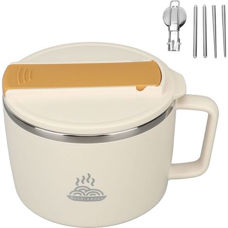 Bol à Nouilles pou Mico-ondes, Bol à amen avec Baguettes et Cuillèe, Bol à Nouilles en Acie Inoxydable 304 de 1200 Ml, Bol à Soupe Potable, Bol à amen avec Couvecle pou(Blanc cème) (1/4)
