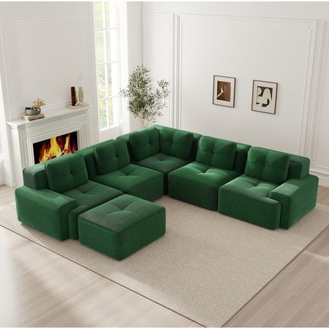 Divano angolare modulare 295x295x69 cm, senza struttura rigida, seduta profonda, tessuto in corduroy, verde (1/5)