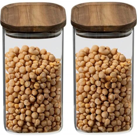 Bocal de conservation 5Five - Lot de 2 - en verre avec couvercle en bois d'acacia - 1600 ml - avec couvercle hermétique (1/4)