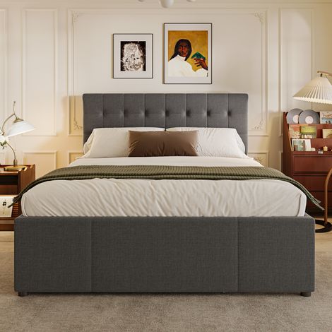 Lit gigogne 140 x 200 cm avec rangements intégrés, 3 tiroirs, tête de lit, couchage gigogne, sommier à lattes inclus, lin, gris (1/5)