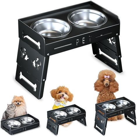 Gamelle surélevée avec 3 niveaux de hauteur - 2 grands bols épais en acier inoxydable pour chiens de petite, moyenne et grande taille (noir foncé)