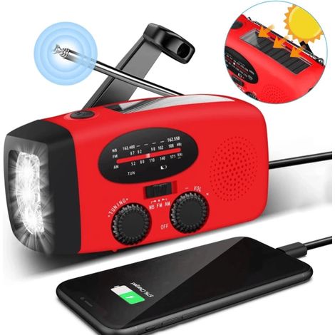 Radio à manivelle noire et rouge avec cellule solaire, lampe torche et batterie externe de 2000 mAh équipement de survie d'urgence. (1/5)