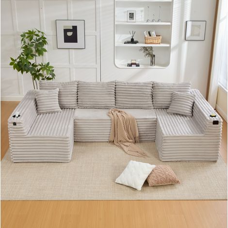 Divano modulare a U 320x155x88 cm grigio chiaro in velluto a coste con portabicchieri e tasca laterale (1/5)
