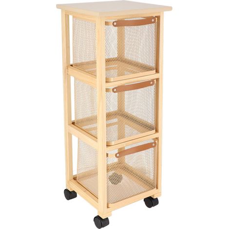 Meuble bois carre sur roulettes 3 paniers metal - beige/naturel - Tendance (1/4)