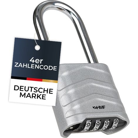 HMF Zahlenschloss Vorhängeschloss mit hohem Bügel, robustes Schloss mit 4-stelligem Zahlencode aus Aluminiumlegierung, 5,6 x 2,6 x 11,7 cm, Silber