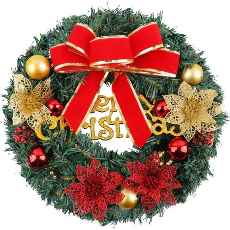 Corona navideña de 30 cm, corona artificial para puerta, guirnalda navideña con lazo de flores brillantes, bayas rojas y bola para puerta, pared, chimenea, ventana y decoración de árbol de Navidad.
