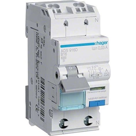 HAGER ADS913D FI-LEISTUNGSSCHUTZSCHALTER 1P+N 6KA B-13A 30MA TYP A QC