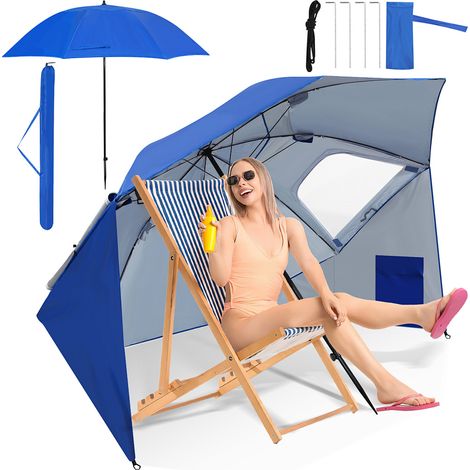 Wolketon Strandschirm 210 cm Sonnenschirm mit UV Schutz 50+, neigbar mit Erdspieß und Tragetasche, wasserabweisender Gartenschirm für Strand, Garten & Balkon – Blau