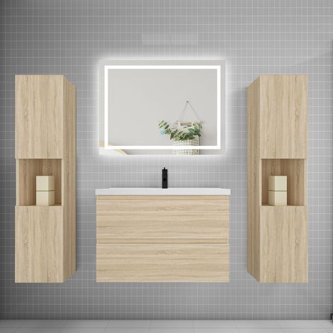 Ensemble meuble de salle de bains 80cm, vasque + colonne + LED miroir mural,chêne