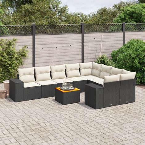 Ensemble Salon Jardin 10 Places Noir Résine Tressée avec Coussins Crème et Table Acacia Meuble Extérieur Modulaire (1/5)