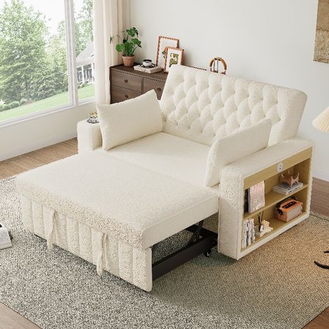 Schlafsofa mit Schlaffunktion und Stauraum, 2-Sitzer Klappsofa ausziehbar, mit USB-Anschluss und Getränkehalter, 140x137 cm, Chenille Beige (1/5)