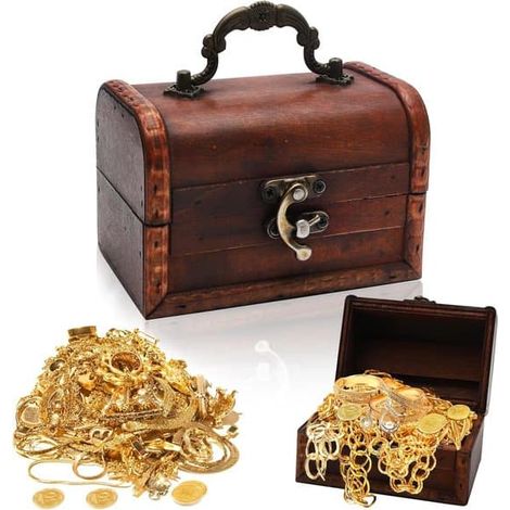 Petit coffre au trésor en bois vintage avec poignées, rouge et marron - Idéal comme coffre au trésor de pirate pour ranger bijoux et pièces de monnaie. (1/5)
