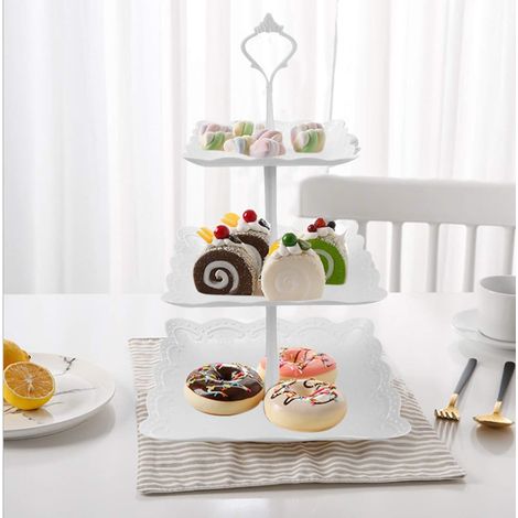 Présentoir à Gâteaux 3 Niveaux, Blanc Présentoir à Gâteau Carré Plastique, Support à Gâteau, Présentoir à Cupcake Dessert, Plateaux Etages Stand à Gâteaux pour Gâteau de Mariage Anniversaire (1/5)