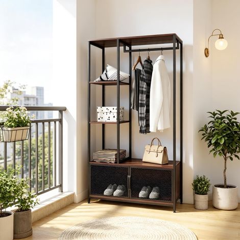 Organisateur de vêtements pour chambre, porte-manteau ouvert polyvalent en acier, portant à vêtements pour couloir (avec porte-vêtements) (1/4)