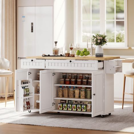Ilot central de cuisine mobile - Plateau extensible - Avec roulettes verrouillables - 2 tiroirs et 3 portes - MDF - Blanc