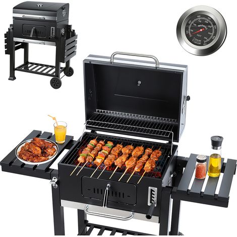 TolleTour Barbacoa de carbón, smoker con dos estantes laterales plegables, carro BBQ, parrilla de pie con indicador de temperatura