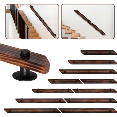 Randaco Wandhandlauf aus Kiefernholz 100 cm, braun mit Holzmaserung, Treppenhandlauf mit Eisenhalter, horizontal vertikal schräg montierbar (1/5)