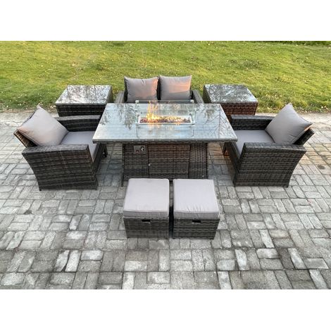 Fimous Outdoor Garden Dining Sets 6 Seater Rattan Patio Furniture Sofa Set with Gas Firepit Table 2 Small Footstools 2 Side Tables Dark Grey Mixed (1/5)