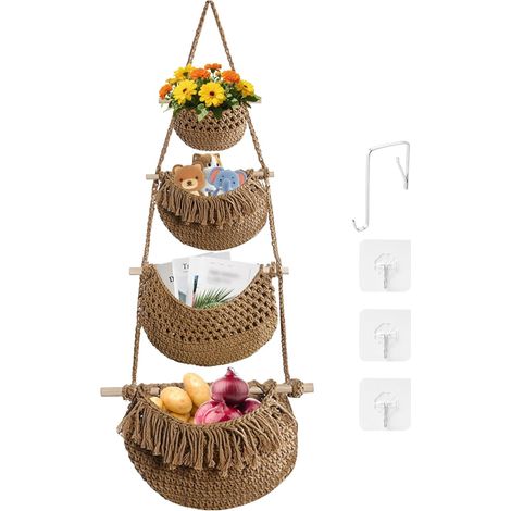 Panier mural suspendu 4 niveaux en corde coton, avec crochets, rangement bohème pour fruits, cuisine, chambre, salon. Marron. (1/5)