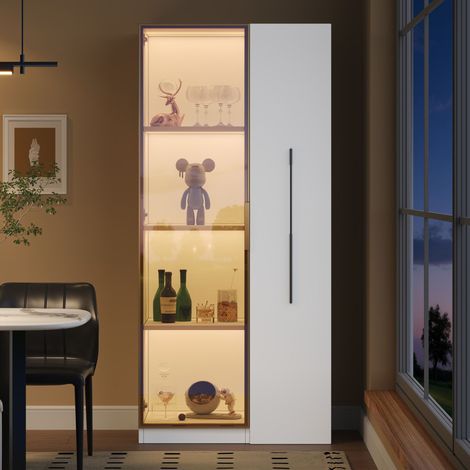 Meuble vitrine LED 160x70x40cm avec portes en verre, tiroirs latéraux intégrés. Rangement polyvalent élégant : cave à vin, bibliothèque, buffet salle à manger.