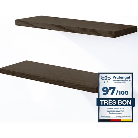 LAMO Manufaktur 2 étagères murale en bois avec fixation invisible 2x 42cm Etagère murale en 100% bois massif Etagère murale pour salon SET 4 étagères bord droit Couleur: Naturel