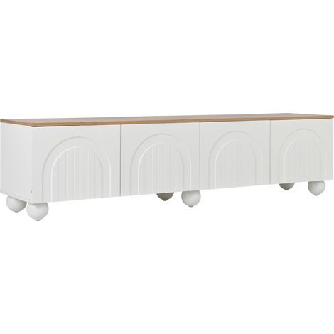 Meuble TV 180x40x45 cm en MDF blanc et bois avec 4 portes et 6 pieds métalliques ronds, support TV jusqu'à 80 pouces (1/5)