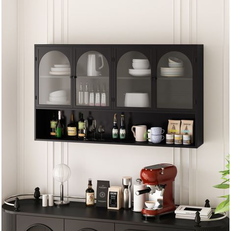 Mobile contenitore sospeso 120x23x70 cm con 4 ante, vetro e metallo nero, per cucina e soggiorno, uso quotidiano - grigio (1/5)
