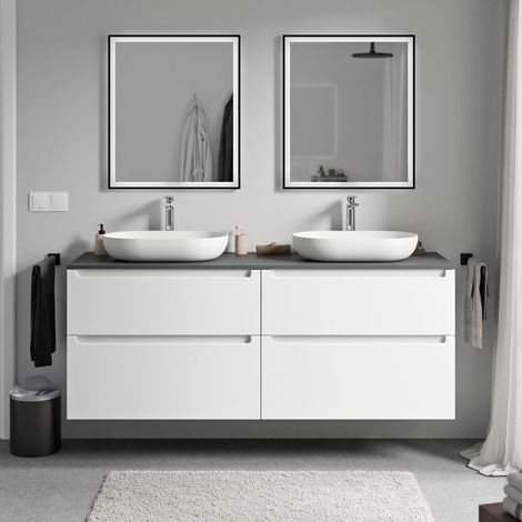 BERNSTEIN - Meuble sous vasque suspendu salle de bain MDF Blanc mat, plan vasque Anthracite mat, tiroirs passe-main pivotants - 160x46x62cm - VIREO Blanc mat, Anthracite mat