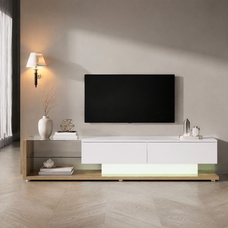MEUBLIV mobile TV basso 170 cm bianco lucido e legno con LED regolabile (1/5)