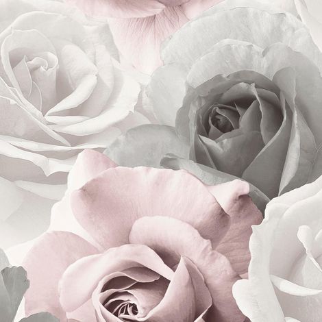 Muriva Rhoda Rose Pink Wallpaper Floral Flowers Grey White Glamorous Modern