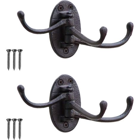 Lot de 2 crochets muraux vintage en fonte pour porte-manteau, porte-serviette, crochet décoratif très résistant, 3 bras pivotants (elliptique) (1/5)
