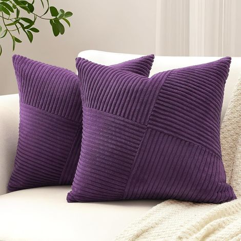 Lot de 2 Housse de Coussin 45x45 cm en Velours Côtelé, Housse Coussins Patchwork à Rayures Pinwheel Doux Taies d'oreiller Décoratives pour Lit Canapé Chambre Salon, Violet (1/5)