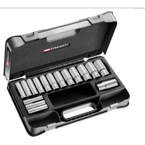 Facom – Coffret cliquet et douilles 1/2' longues 6 pans métriques – 16 pièces – Douilles de 12 à 32 mm – Plateau thermoformé L (420 x 188 mm)