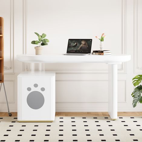 Bureau moderne en bois laqué blanc – 117 × 50 × 76 cm, structure épaisse avec courbes arrondies, pieds renforcés de 5 cm d’épaisseur pour une stabilité maximale, style français élégant et contemporain (1/5)