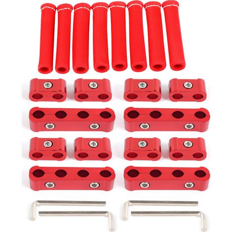Car modification parts spark plug wire splitter ignition wire retainer 4-hole flexible hose clamp - red (red clamp + red heat insulation sleeve)