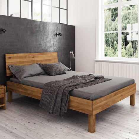Lit avec pieds carrés et tête de lit en chêne massif clair 140x190 - LT36004 (1/4)