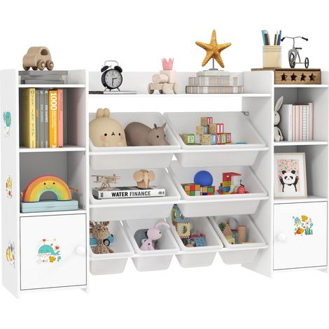 White Toy Storage Unit with 8 Bins and Bookcase (1/5)