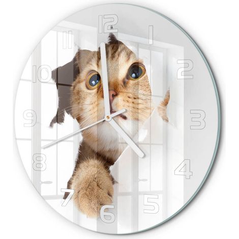 Horloge Murale Ronde Quartz Verre Trempé Design Moderne Salon Chambre Bureau Chat dans le trou fi 30 cm (1/5)