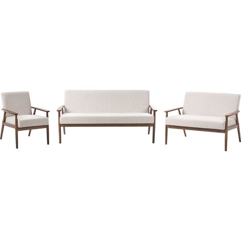 Conjunto de sala de estar retro sofá 3 plazas sofá 2 plazas y sillón tapizado de poliéster estructura de madera beige y marrón oscuro Esrum