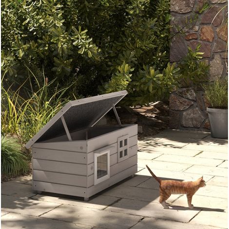 Cabane chat extérieur 87x52x44 cm bois blanc gris HAVRYA (1/4)