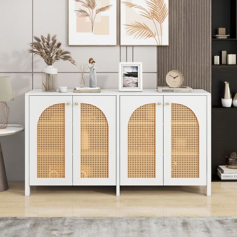 Credenza 145 x 40 x 80 cm - 4 ante in rattan PE - 4 ripiani regolabili - Design minimalista scandinavo - Bianco (1/5)
