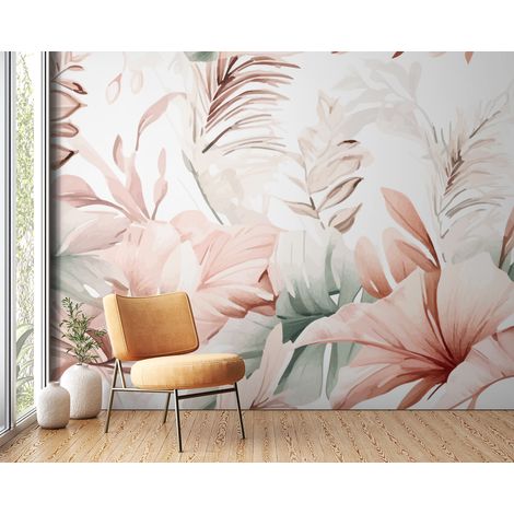 Papier peint fleuri - feuillage tropical pastel - 150 x 250 cm (1/2)