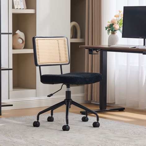 Chaise de bureau vintage en rotin à roulettes - Chaise de bureau pivotante et réglable avec assise en tissu chenille et structure en bois pour bureau à domicile, bureau ou salon - Noir (1/4)