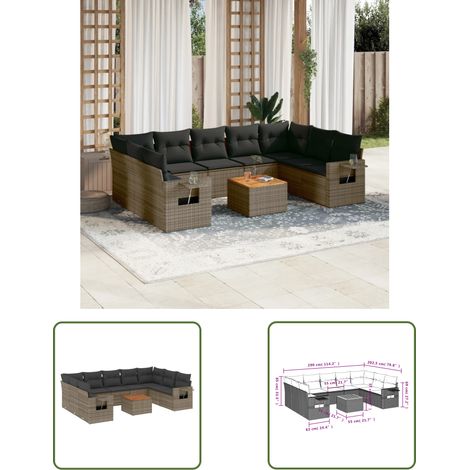 The Living Store 10-tlg. Garten-Sofagarnitur mit Kissen Grau Poly Rattan - Gartenmöbel Set - PE-Rattan Möbel - Outdoor Lounge - Esszimmergarnitur - Balkonmöbel (1/3)
