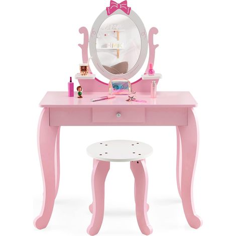 COSTWAY Set Toeletta per Bambini 2 in 1, Set Tavolo da Trucco in Legno per Bambini con Sgabello, Specchio, Pettine per Bambini, Ideale per Bambini dai 3 ai 7 Anni, Rosa+Bianco (1/5)