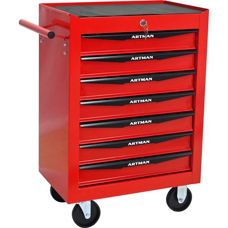 Coffre à outils métallique roulant à 7 tiroirs, armoire à outils à 7 tiroirs avec glissières à billes, organisateur de rangement en acier, rouge et noir (1/5)