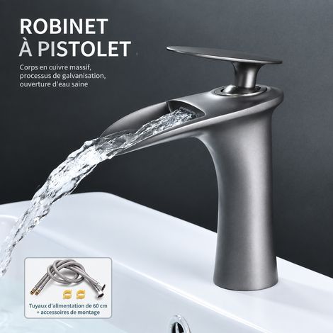 Mitigeur Lavabo Monotrou Laiton gris canon de fusil cascade modèle bas avec tuyaux d'arrivée d'eau – Livraison gratuite