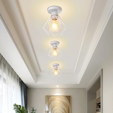 3 Pcs Plafonnier Rétro Industriel Lampe de Plafond en Cage Diamant E27 Luminaire en Métal pour Couloir Escalier Chambre Salon Blanc (1/5)