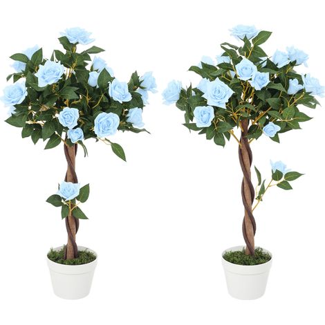 Outsunny Set of 2 90cm Artificial Rose Tree, Fake Decorative Plant, Blue (1/5)