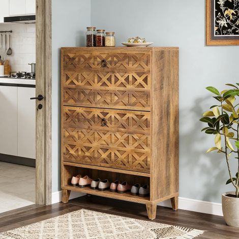 Mobile porta scarpe 80x24x110 cm, 2 cassetti basculanti, ripiano aperto, MDF e metallo, marrone (1/5)
